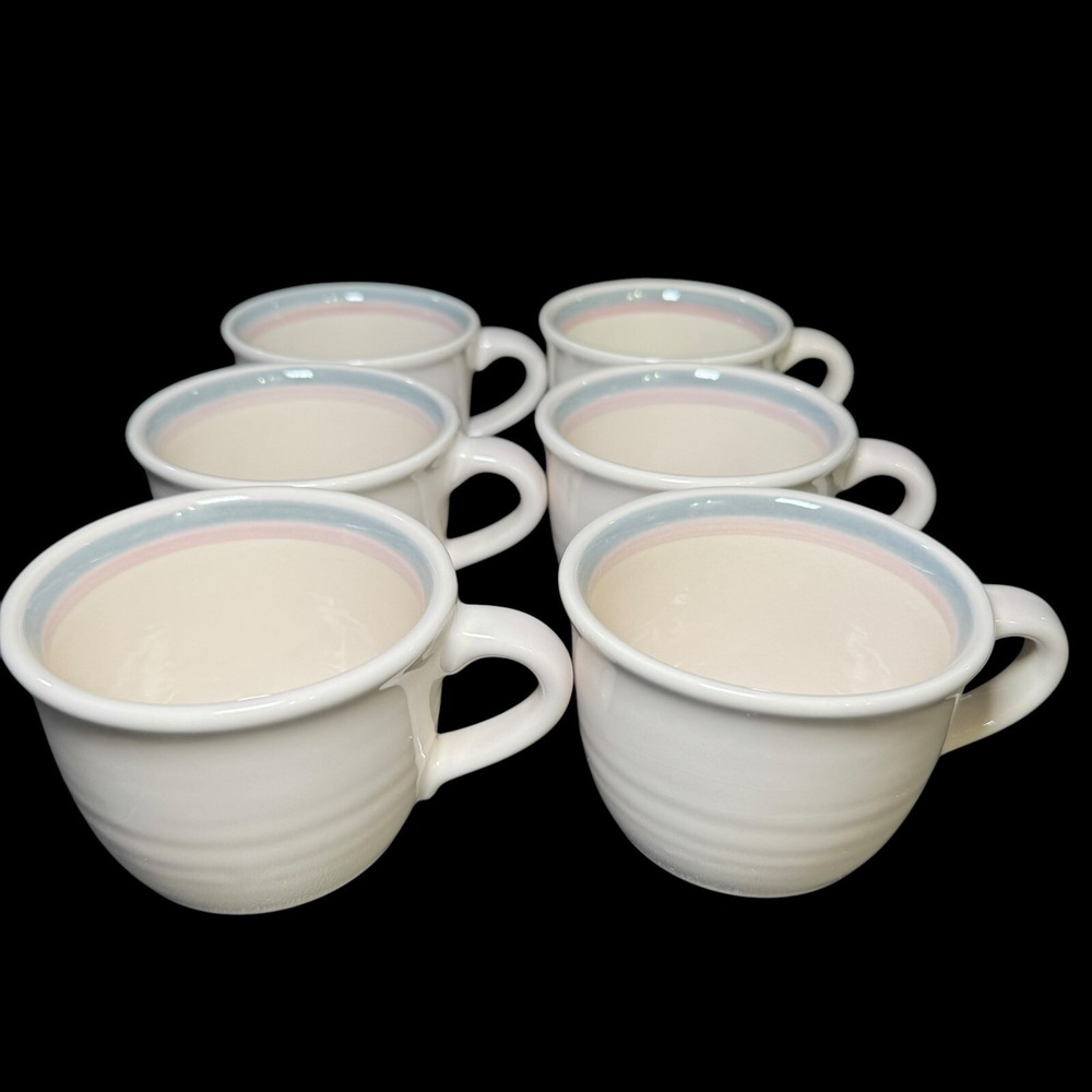 Pfaltzgraff Aura Coffee Cups‎ Pink Blue Stripes Flat Cup RETIRED Set of 6